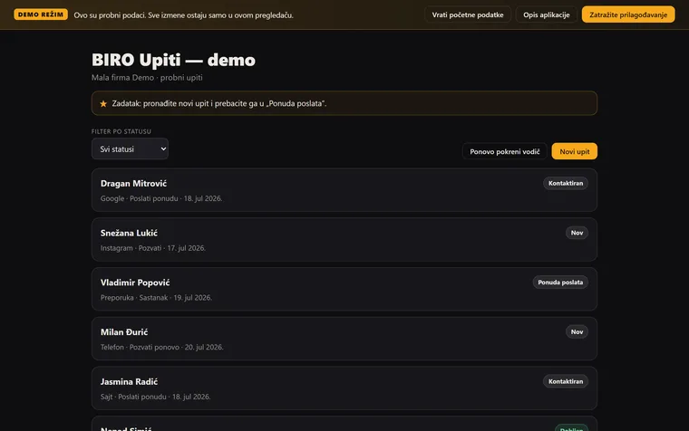 Ekran demo aplikacije BIRO Upiti — upiti sa izvorom, sledećim korakom i statusom